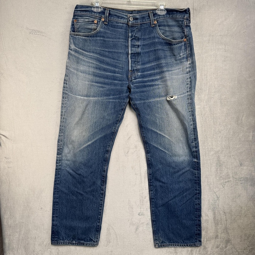 Levis Jeans Mens 38x30 Blue Medium Wash Straight Leg Distressed Denim Cotton